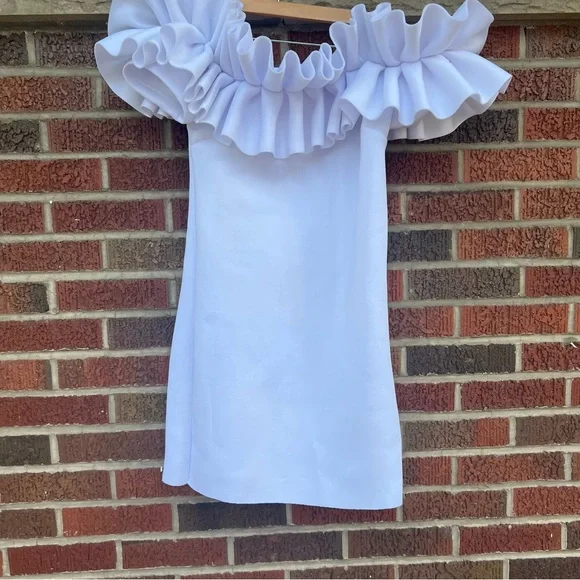 New York & Company White Scuba Knit Ruffle Off the Shoulder Bodycon Mini Dress - Picture 2 of 7